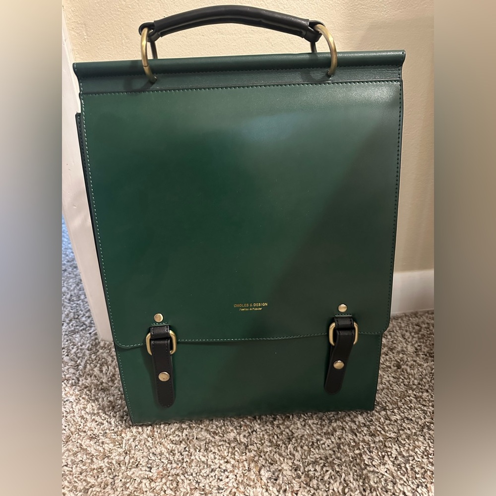Forest Green Leather Backpack with Buckle Straps